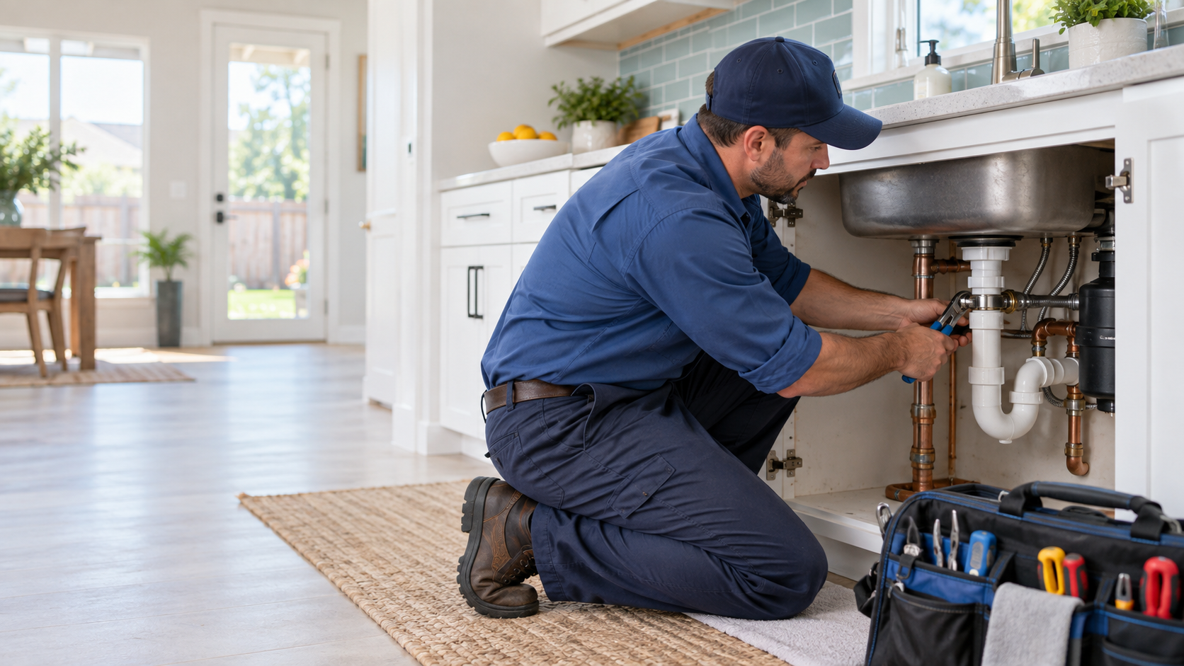 A plumber working beneath a residential kitchen sink